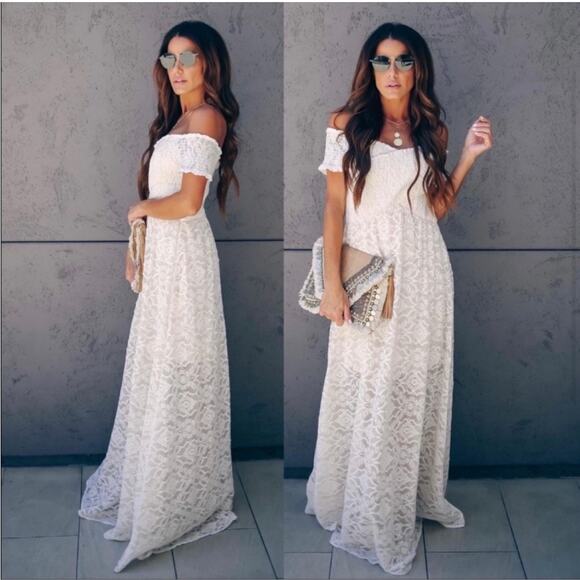 Aakaa Sz S Lace Smocked Dress Cream Ivory Short Sleeve Long Wedding Bridal - Picture 1 of 15